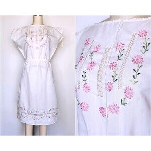 Vintage White Cotton Floral Embroidered & Eyelets Dress Wedding XS S